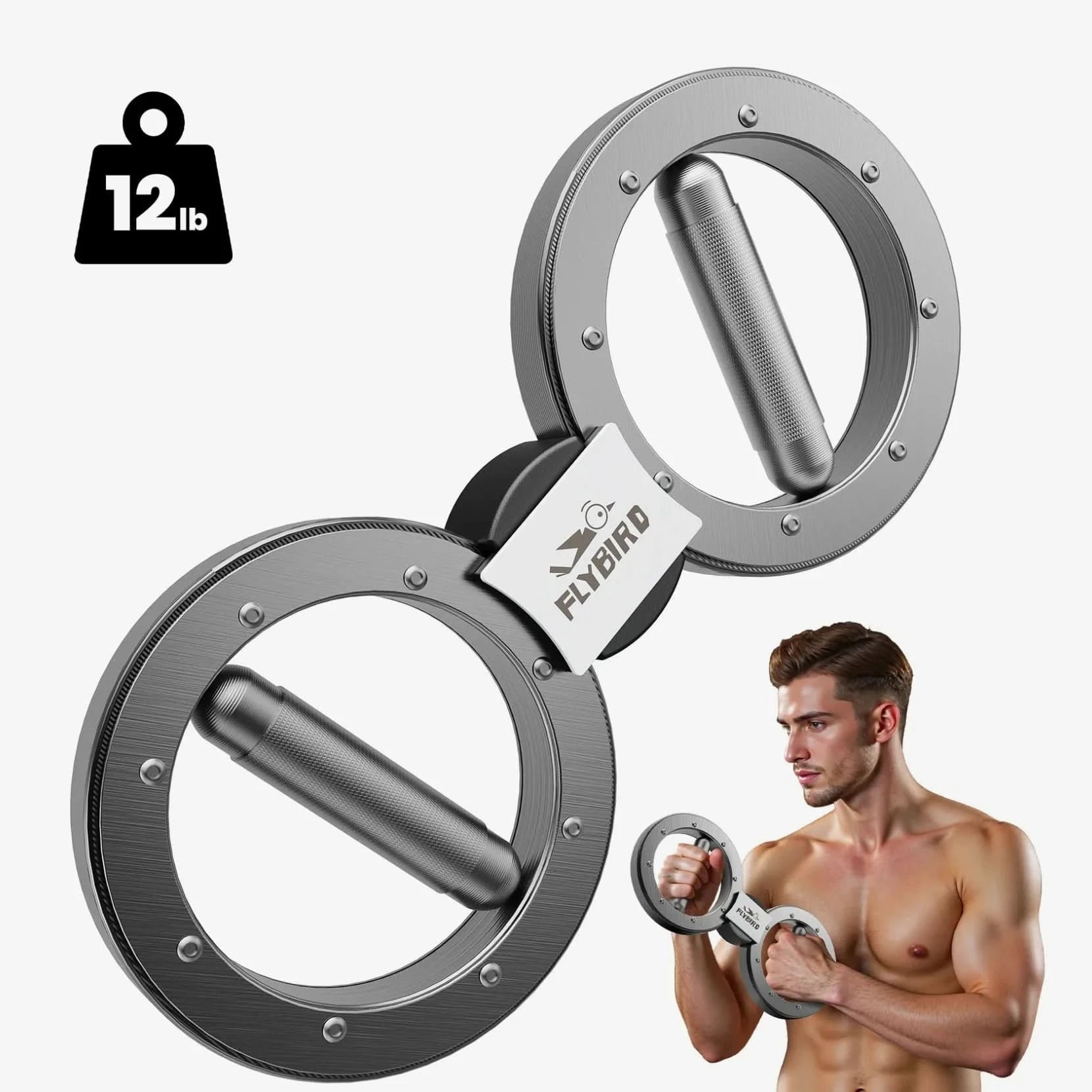 Two metallic rings with a 'Flybird' label and a man holding one of them on a white background.