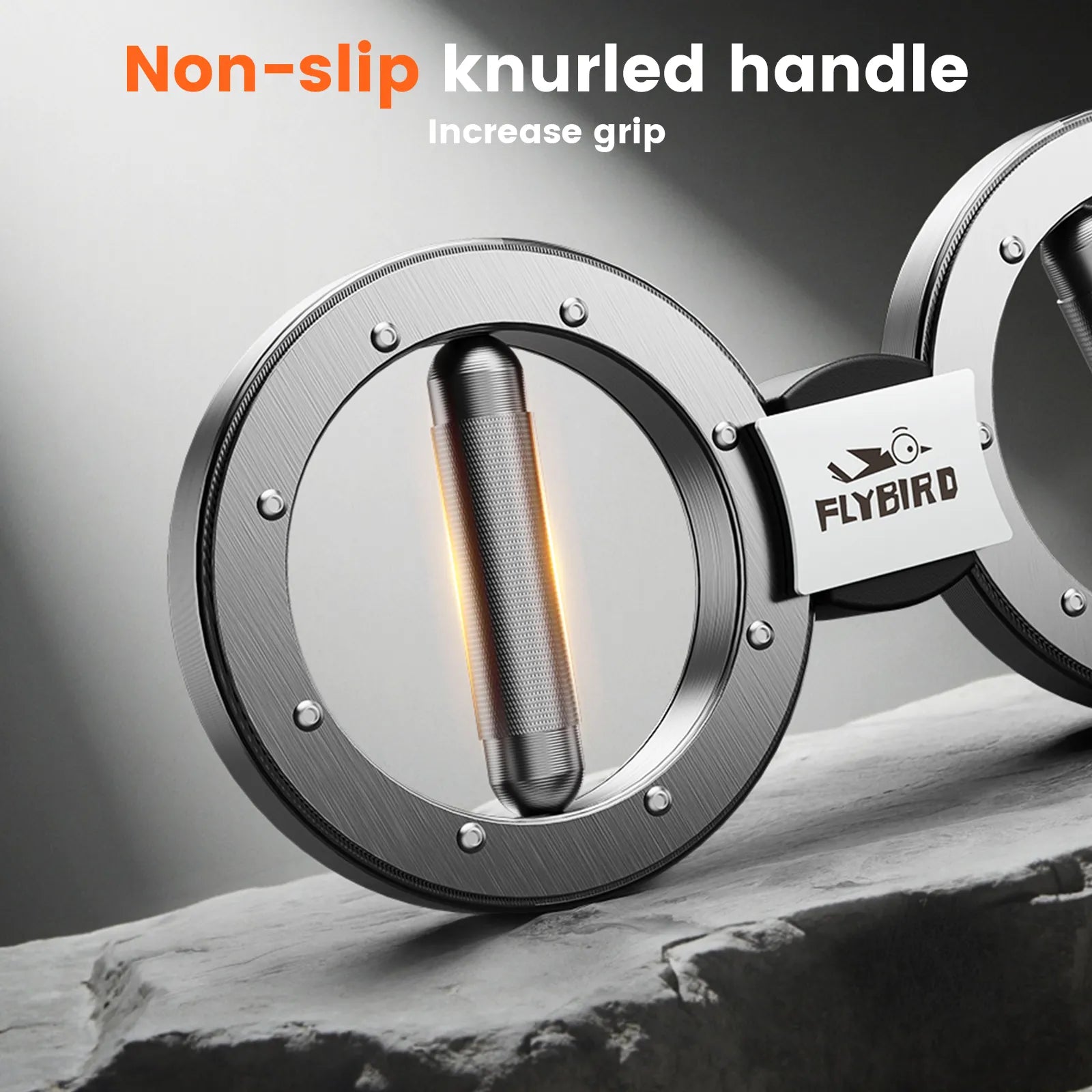 Metallic handle with non-slip knurled design and 'Flybird' branding on a gray background