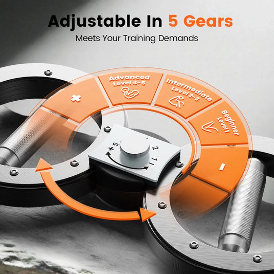 Adjustable weight system with orange and silver design on a gray background