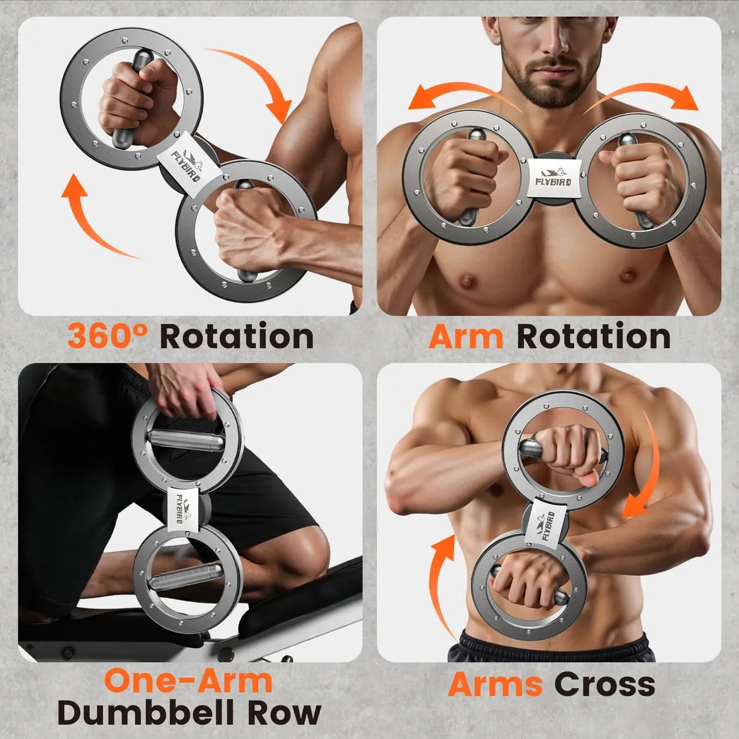 Man using a dumbbell row machine with text indicating various exercises.