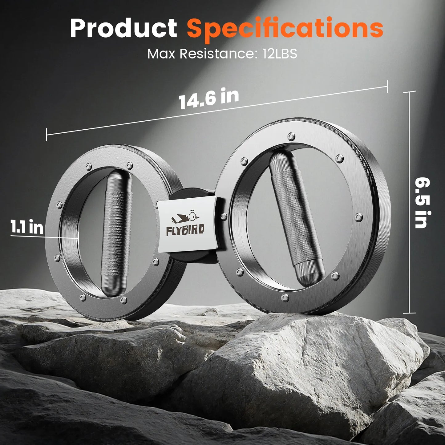 Metallic device with Flybird branding on a rocky background, showing product specifications.