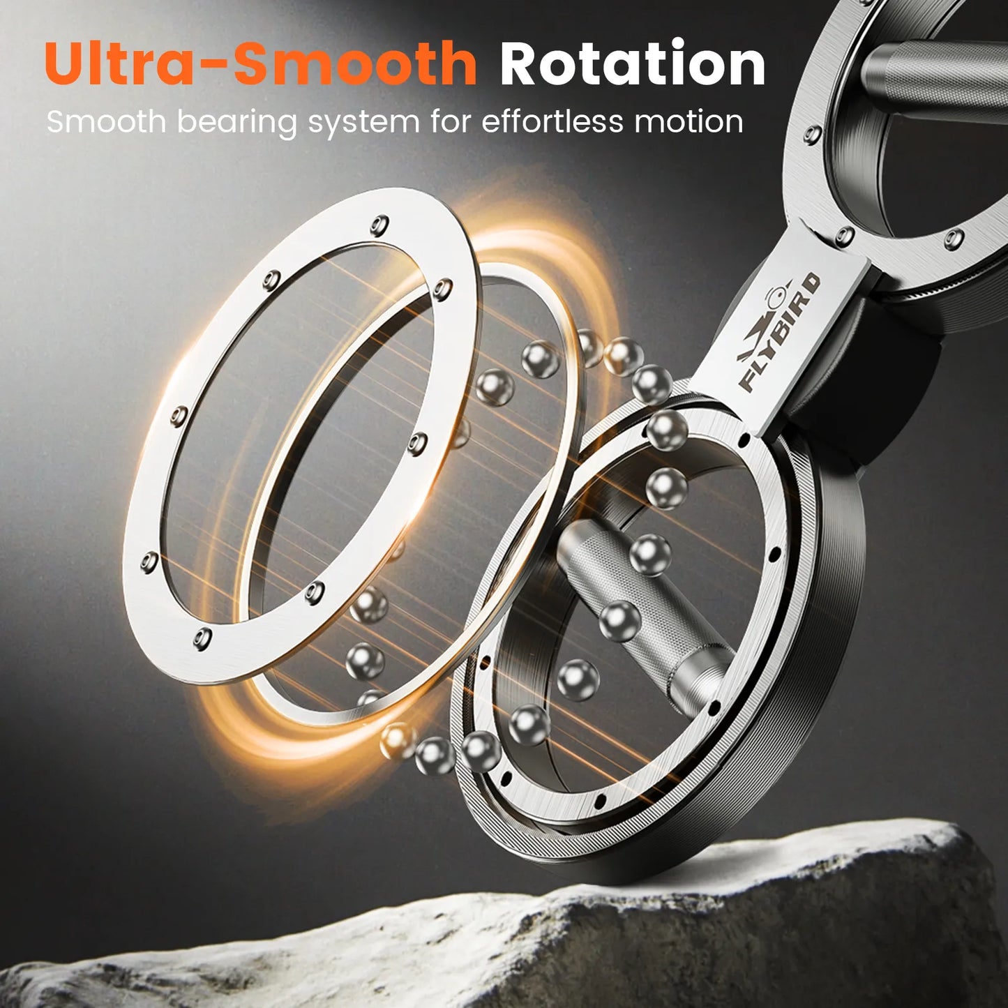 Metallic bearing system with 'Ultra-Smooth Rotation' text on a dark background