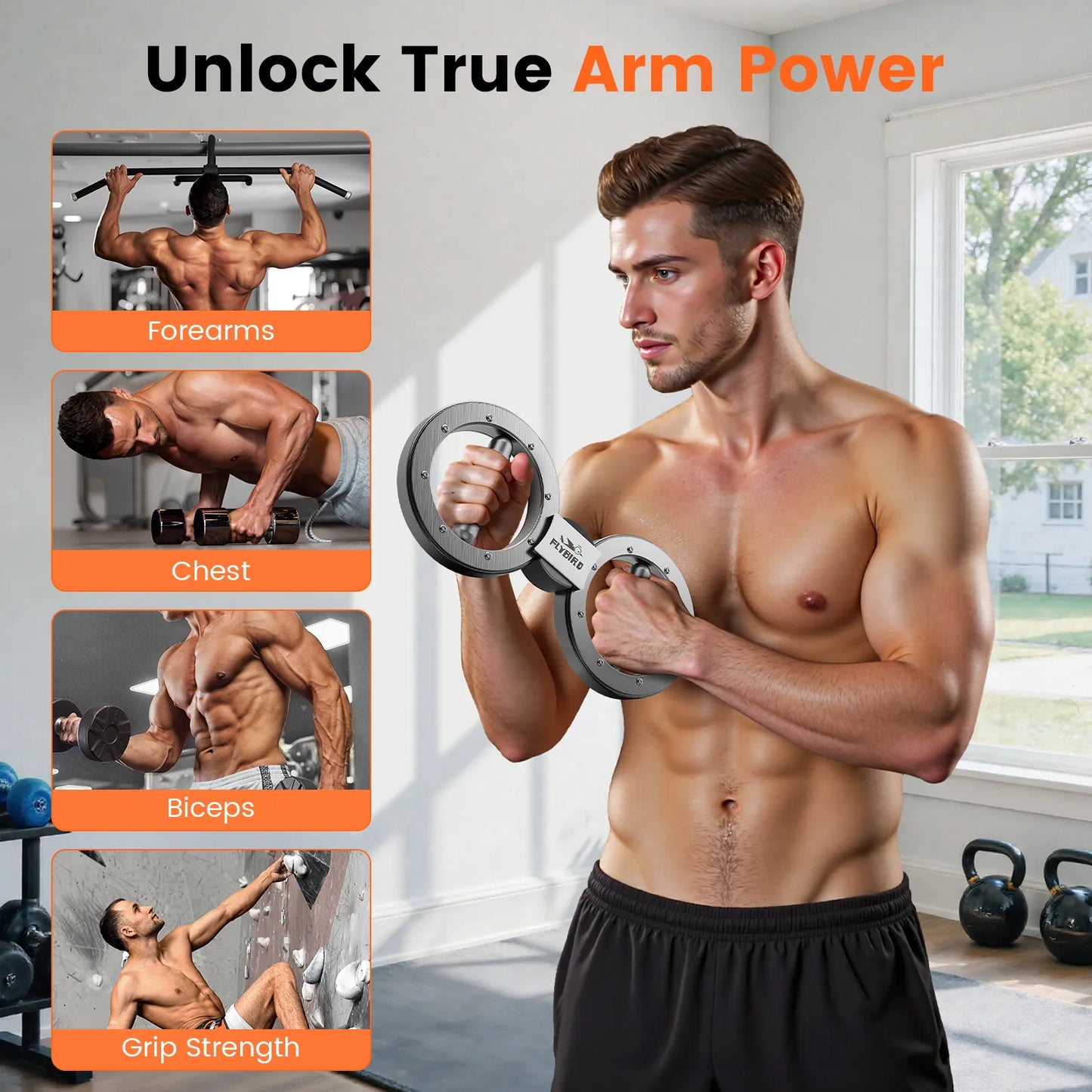 Man holding a pair of handcuffs with text 'Unlock True Arm Power' and images of different arm exercises.