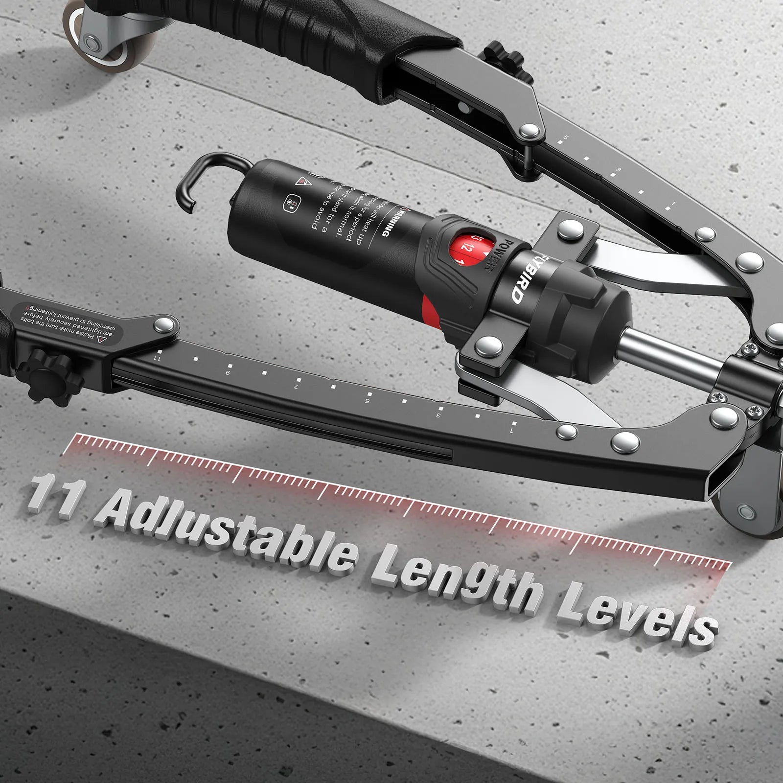 Black and red tool with adjustable length levels on a gray surface