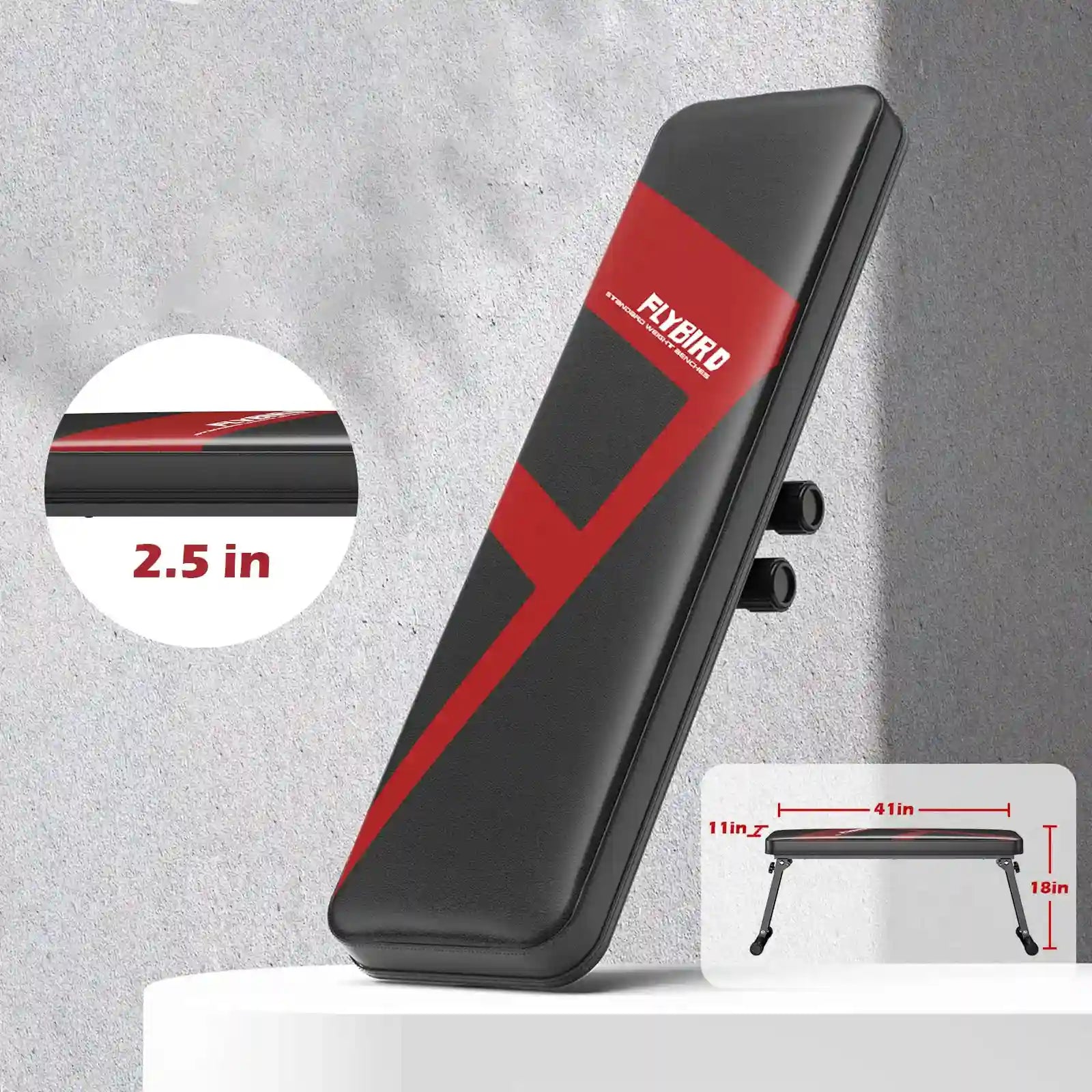 Black and red exercise bench with Flybird branding on a gray background