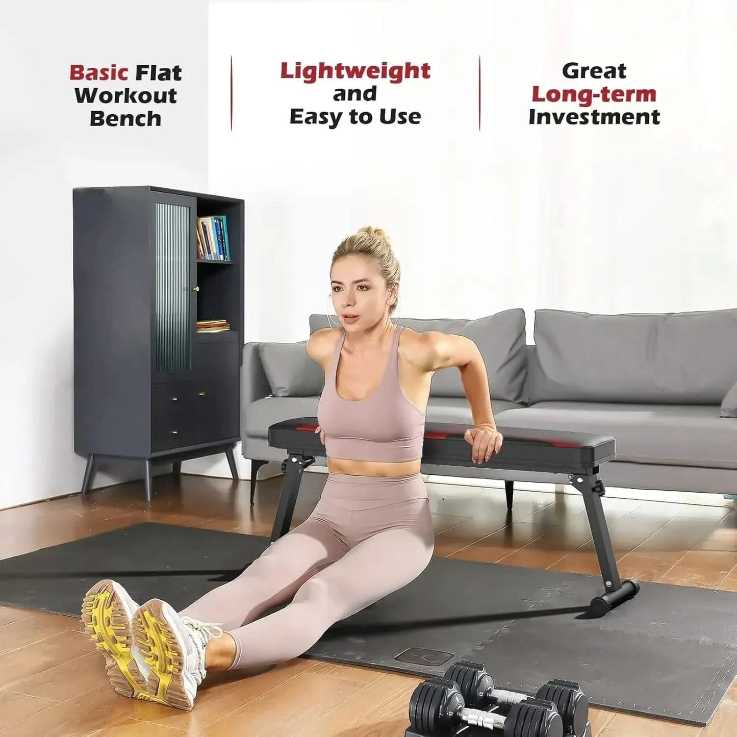 Woman using a basic flat workout bench in a living room setting with text highlighting features.