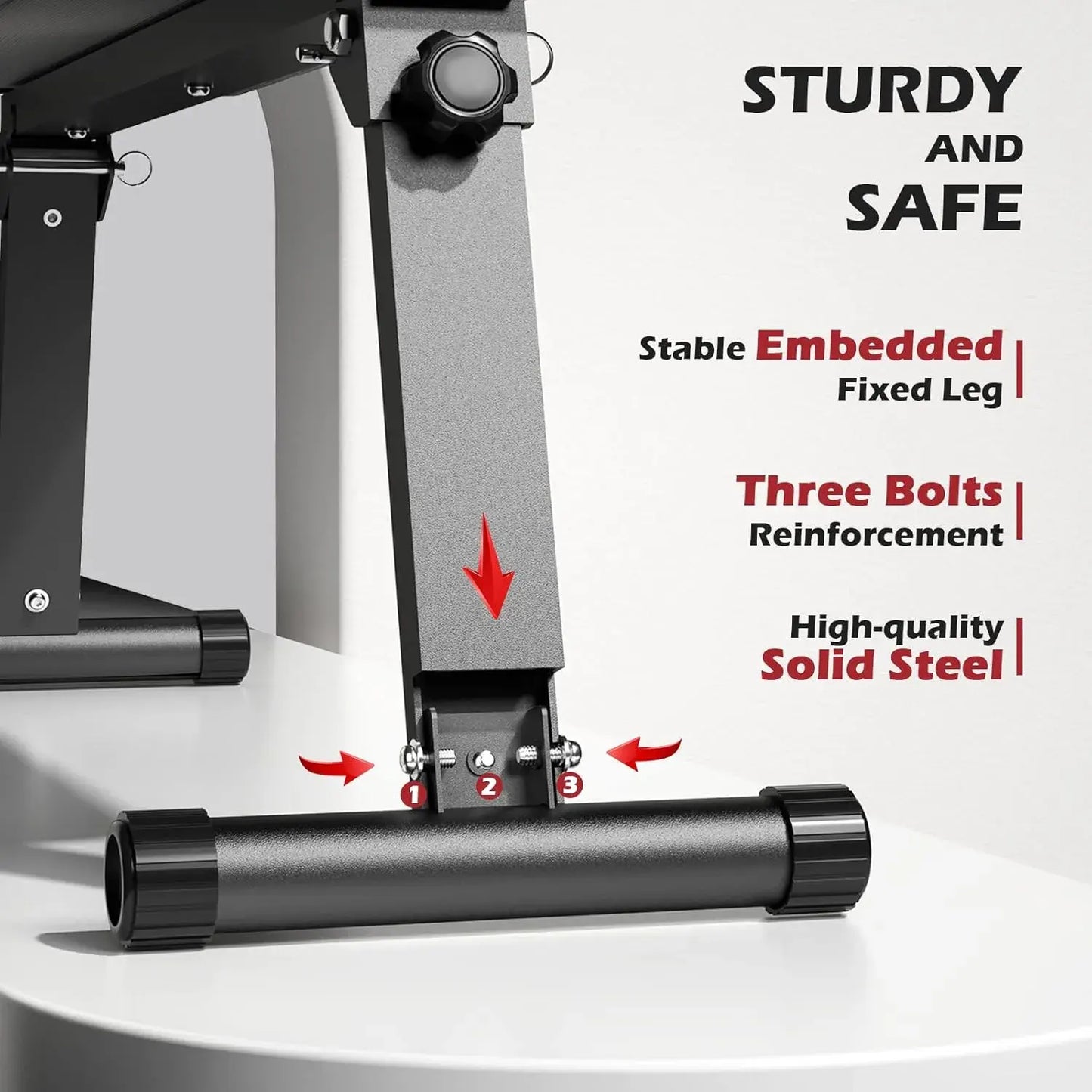Pedal bike stand with text highlighting stability and safety features on a white background
