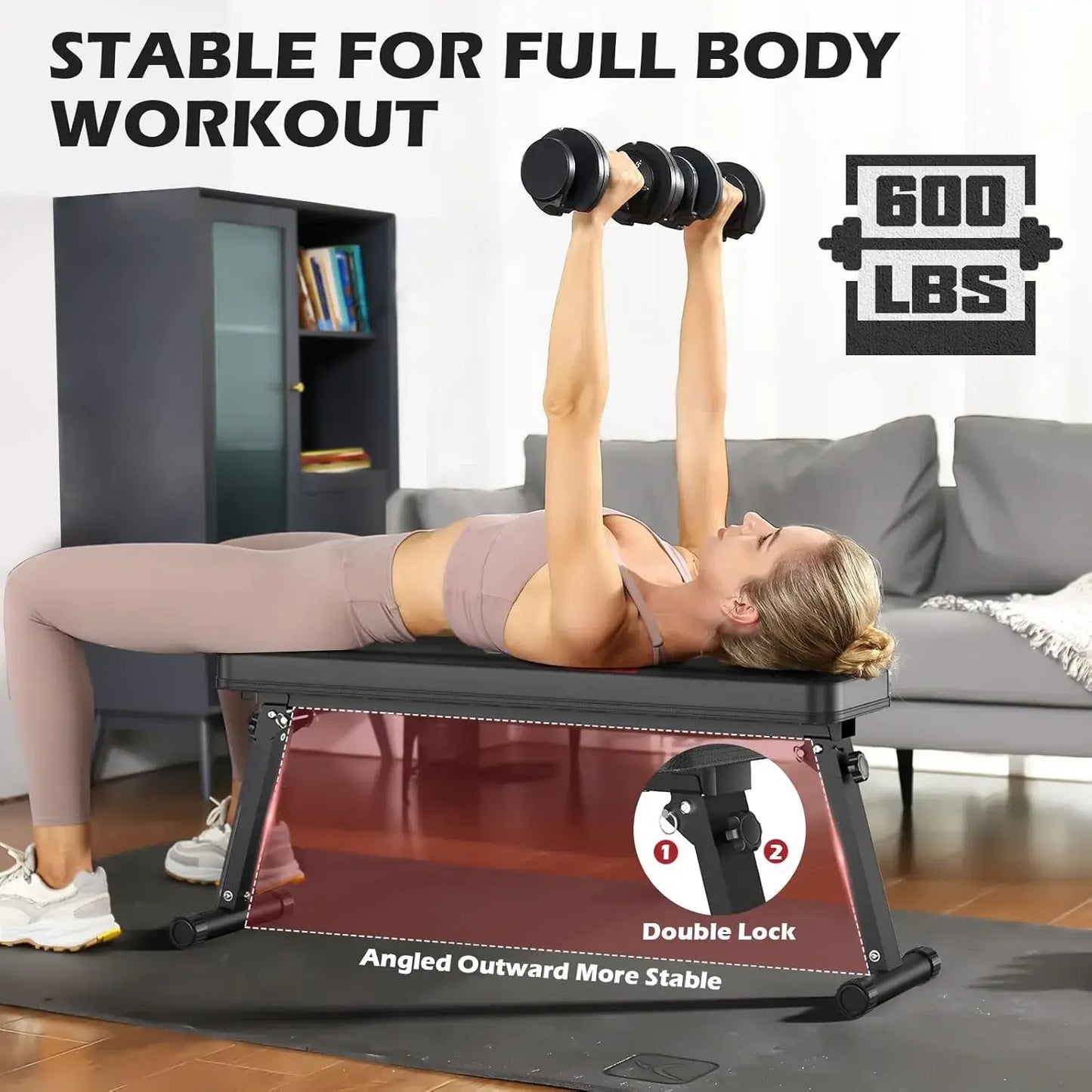 Woman exercising with dumbbells on a stable workout bench in a living room.