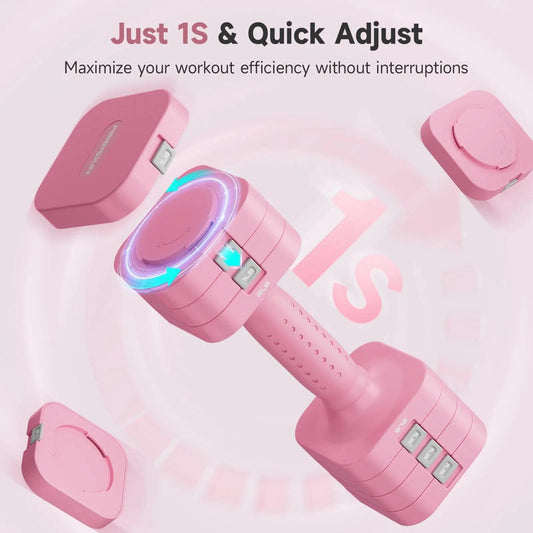 Pink adjustable dumbbell with digital display on a light pink background