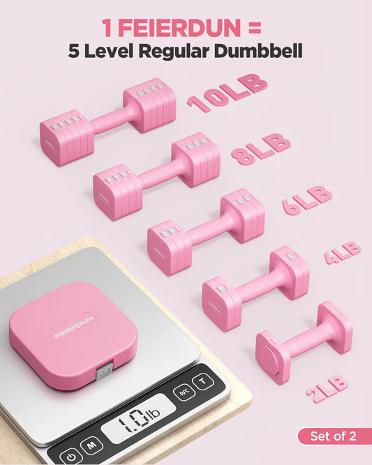 Set of pink dumbbells with weight indicators on a digital scale against a light pink background.