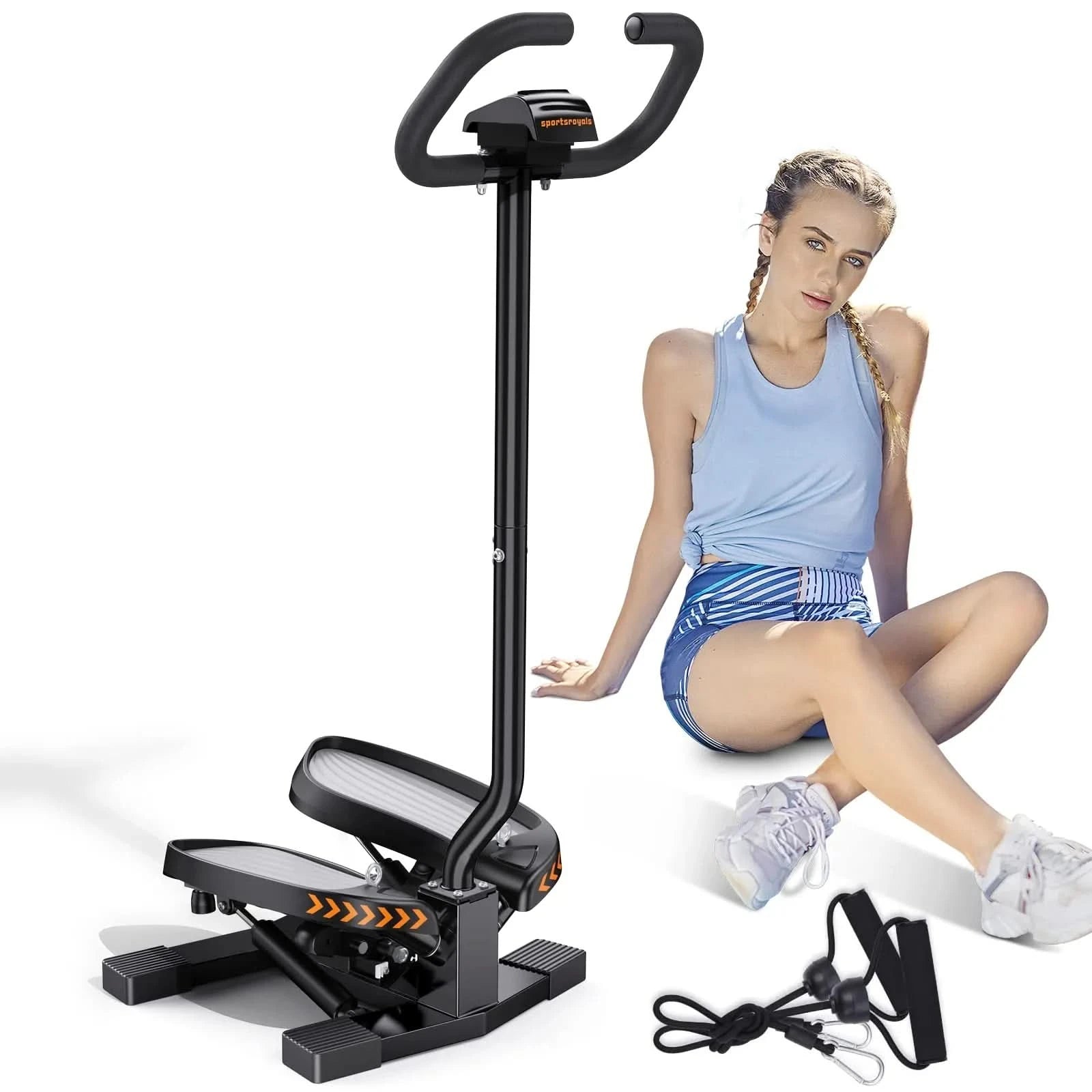 Exercise stepper with a woman sitting on it against a white background