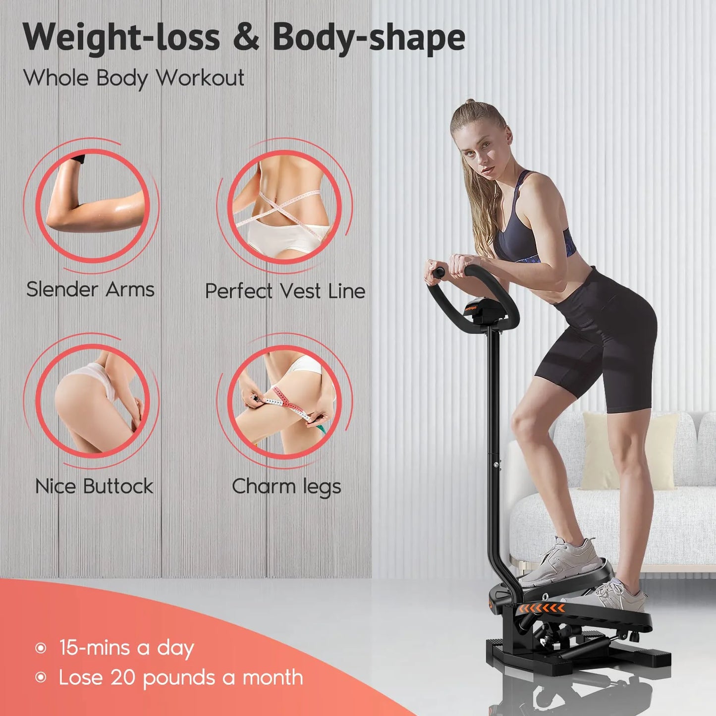 Woman exercising on a machine with weight-loss and body-shape benefits highlighted.