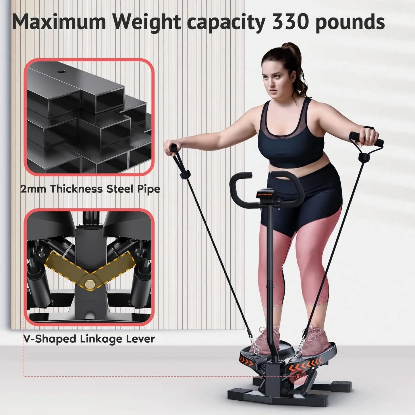 Woman using a black exercise stepper with steel pipe and lever details, on a light gray background.
