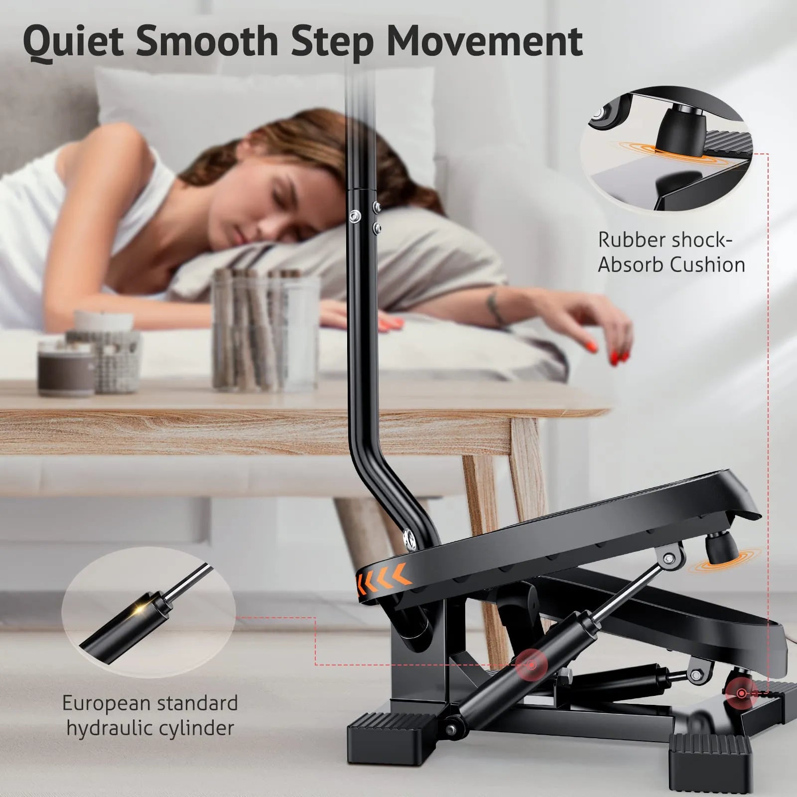 Step machine with hydraulic cylinder and cushioning features, shown in a home setting.