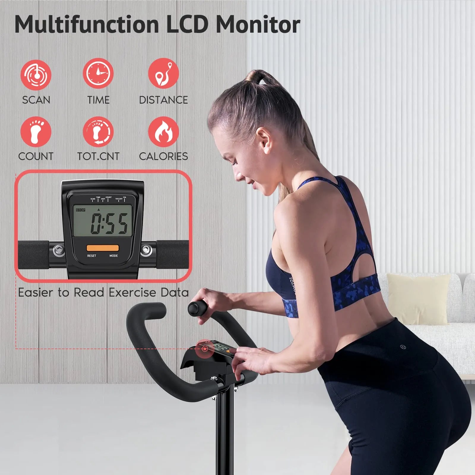 Woman exercising on a stepper with a multifunctional LCD monitor displaying exercise data.