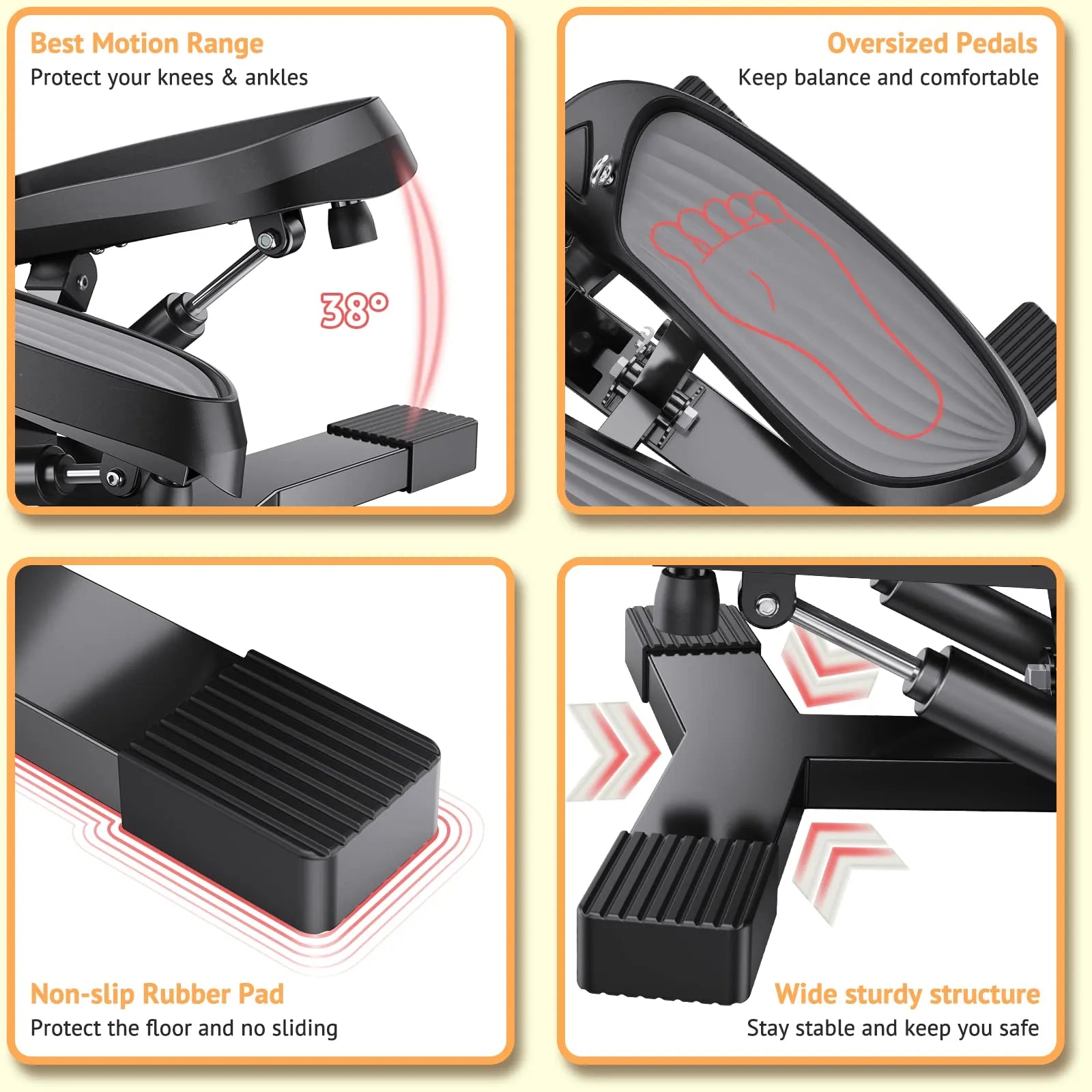 Product features with text highlighting design elements on a beige background