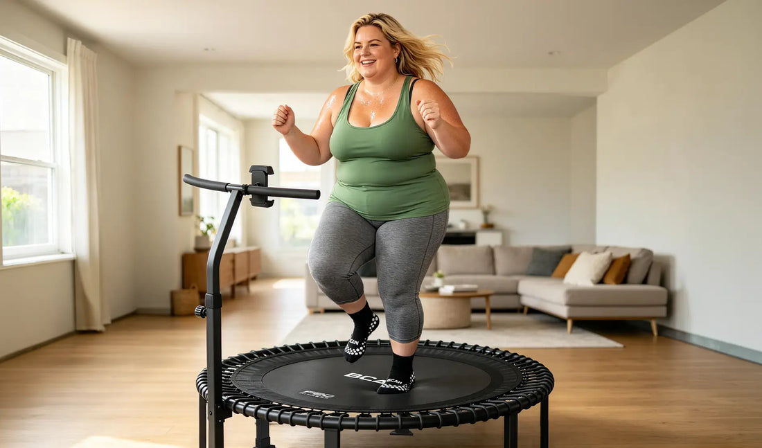 A chubby girl jogging on a mini trampoline