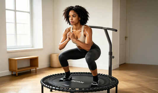 A dark-skinned woman doing squats on a mini trampoline