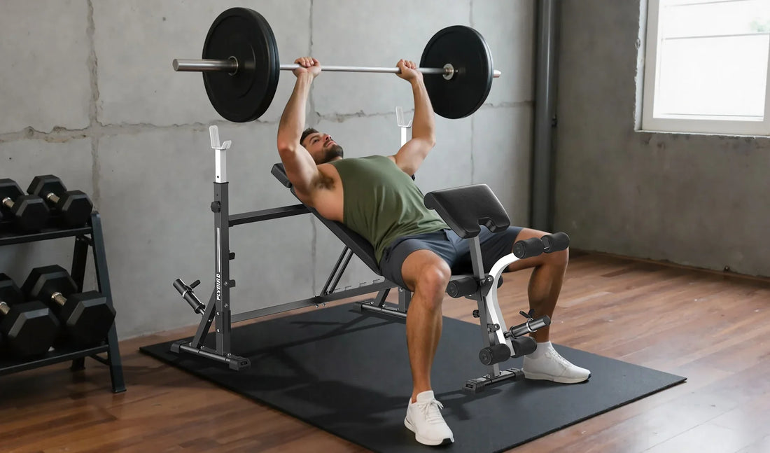 A man bench pressing on an adjustable workout bench