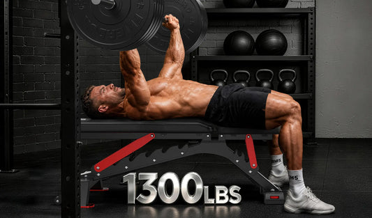 A man bench pressing on a workout bench