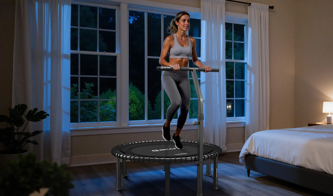 A woman is doing trampoline jogging in her bedroom.