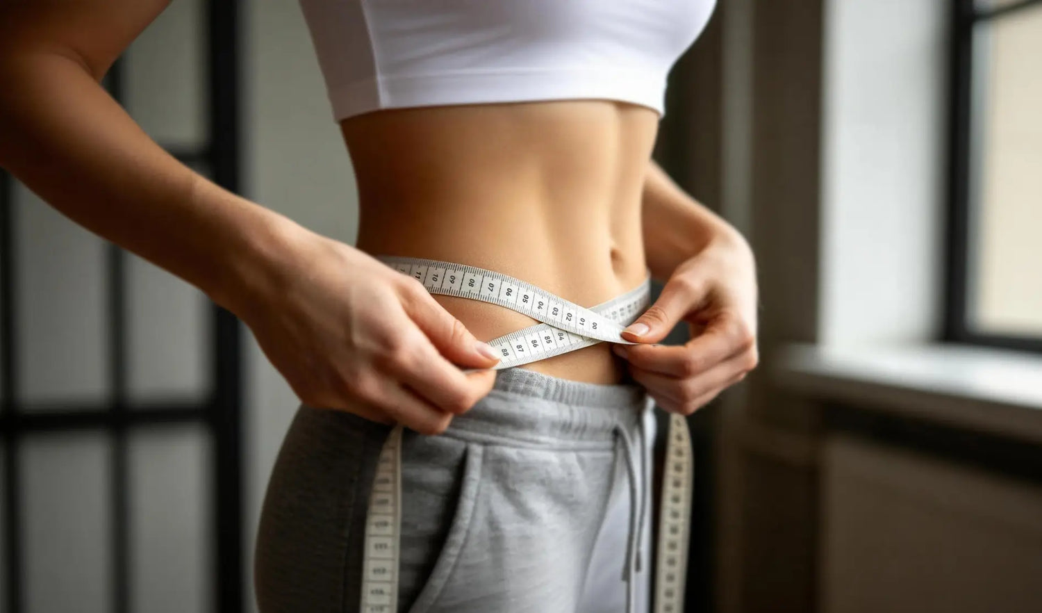A woman is measuring her waist