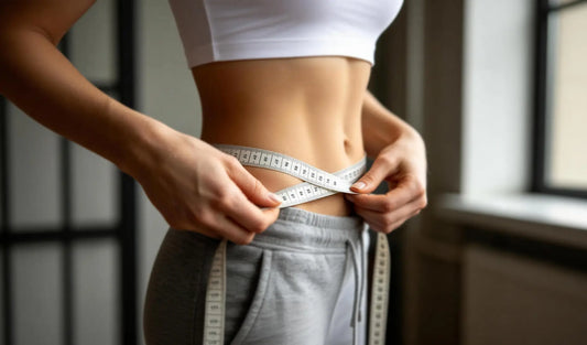 A woman is measuring her waist
