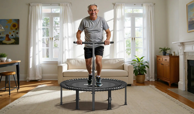 An elderly man jogging on a mini-trampoline