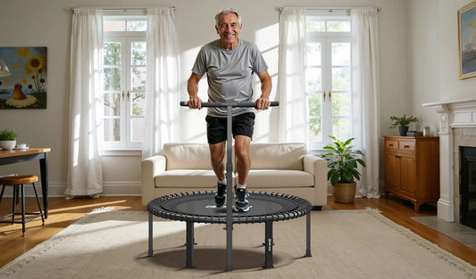 An elderly man jogging on a mini-trampoline