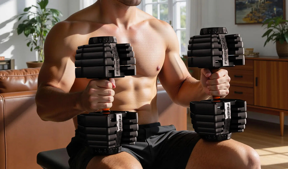 A man sits on a bench, holding an adjustable dumbbell in each hand