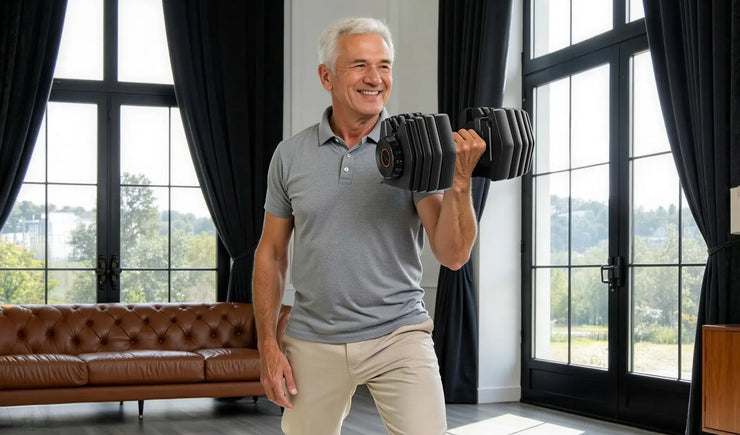 A man is exercising with dumbbells