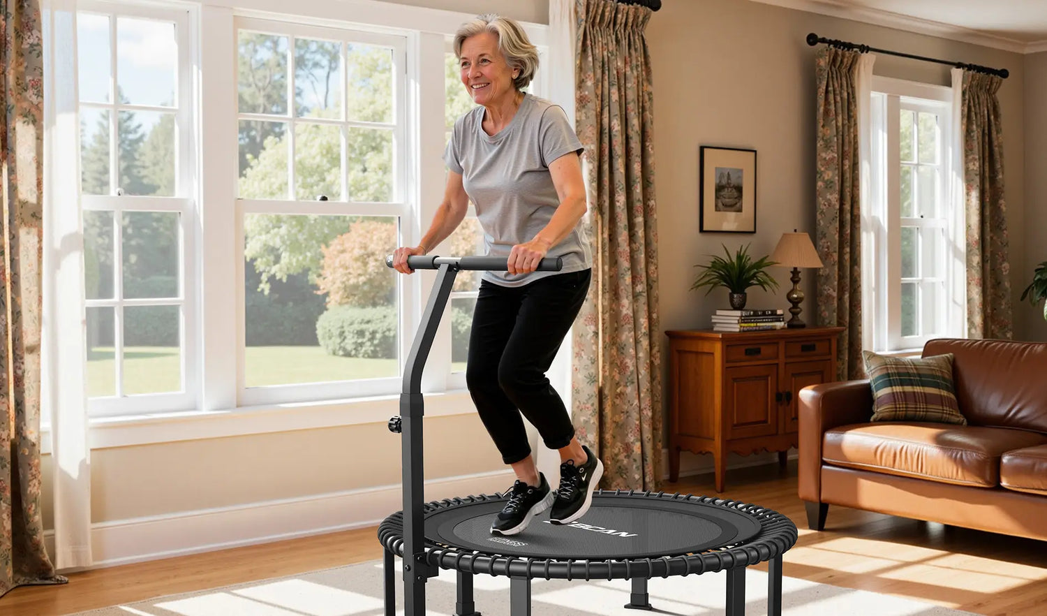 A gray-haired woman is exercising on a min trampoline