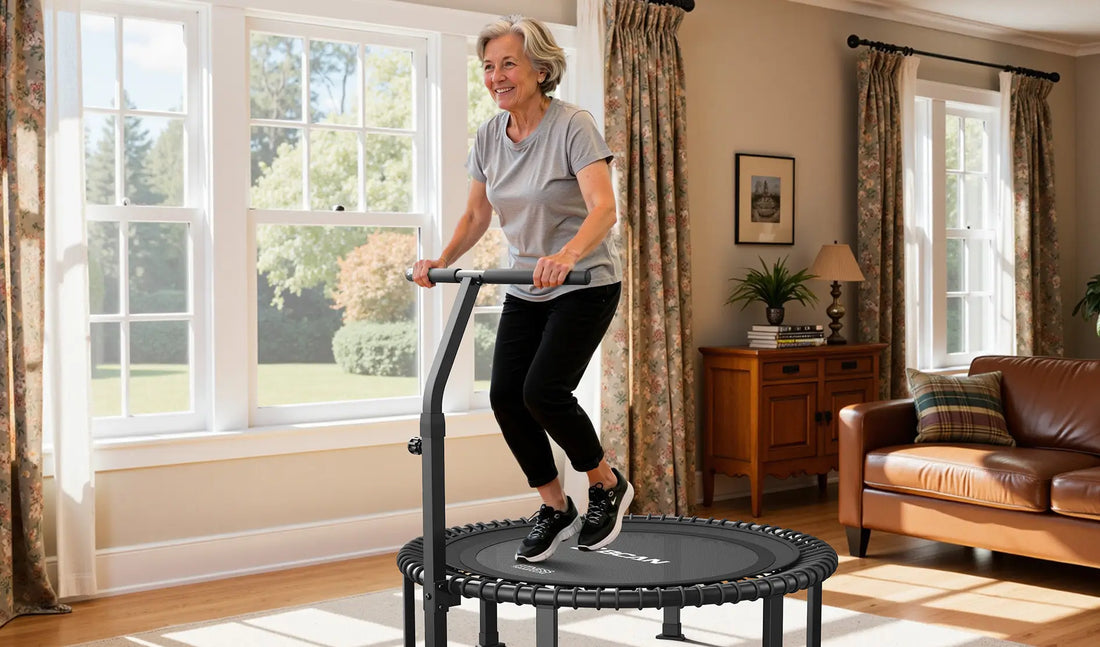 A gray-haired woman is exercising on a min trampoline