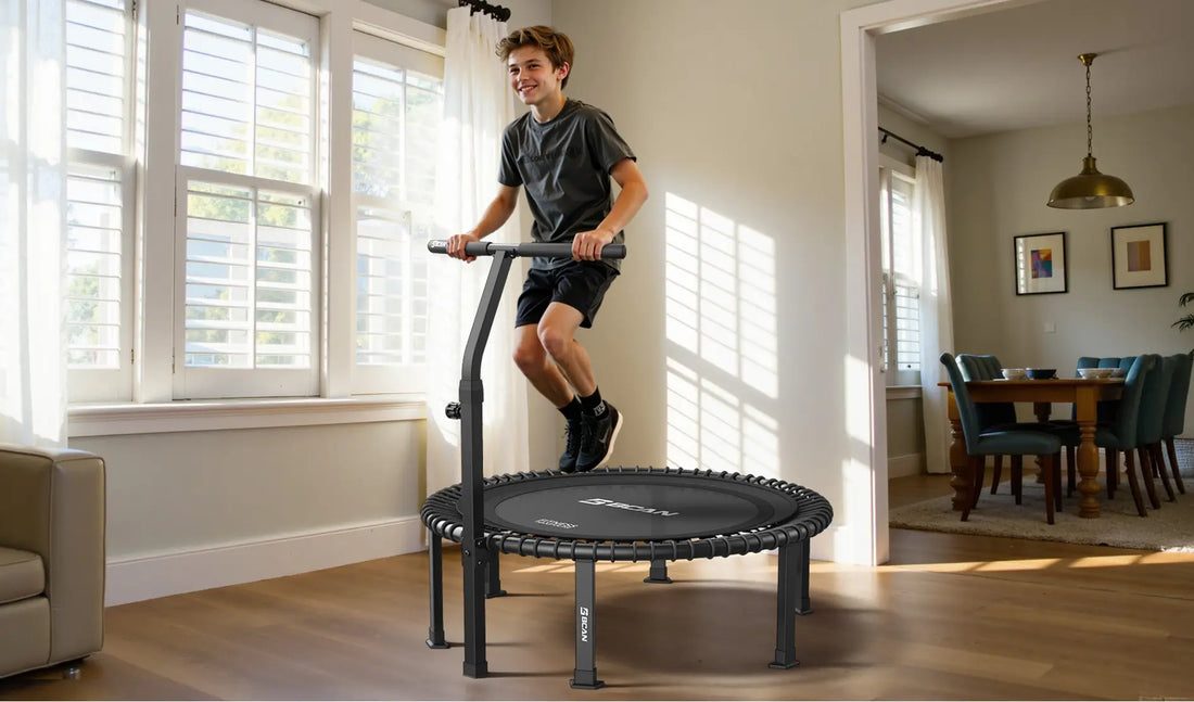 A young man is exercising on a mini-trampoline in the living room.