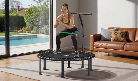 Perform deep squats on a fitness trampoline.
