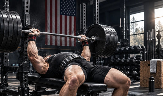 Powerlifter bench pressing a heavily loaded barbell