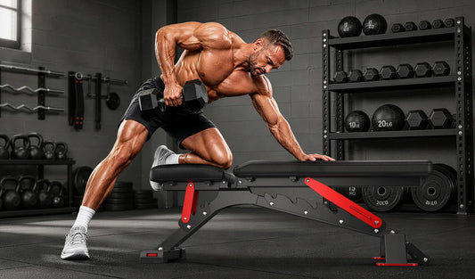 A man is performing a single-arm dumbbell row at the gym