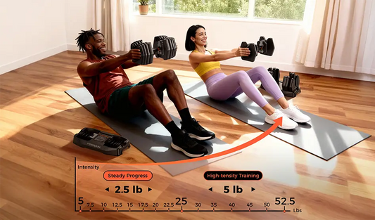 A man and a woman are exercising with adjustable dumbbells