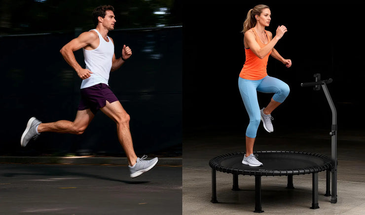 A photo is divided into two parts: on the left, a person is running, and on the right, a person is exercising on a mini trampoline
