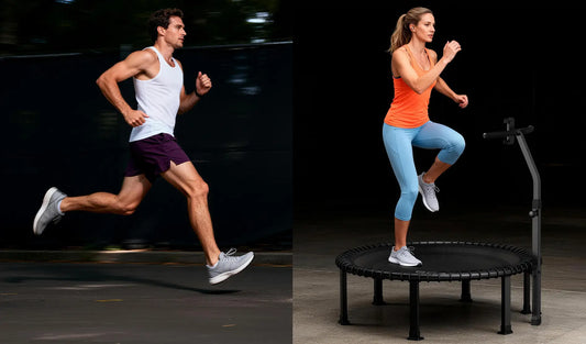 A photo is divided into two parts: on the left, a person is running, and on the right, a person is exercising on a mini trampoline