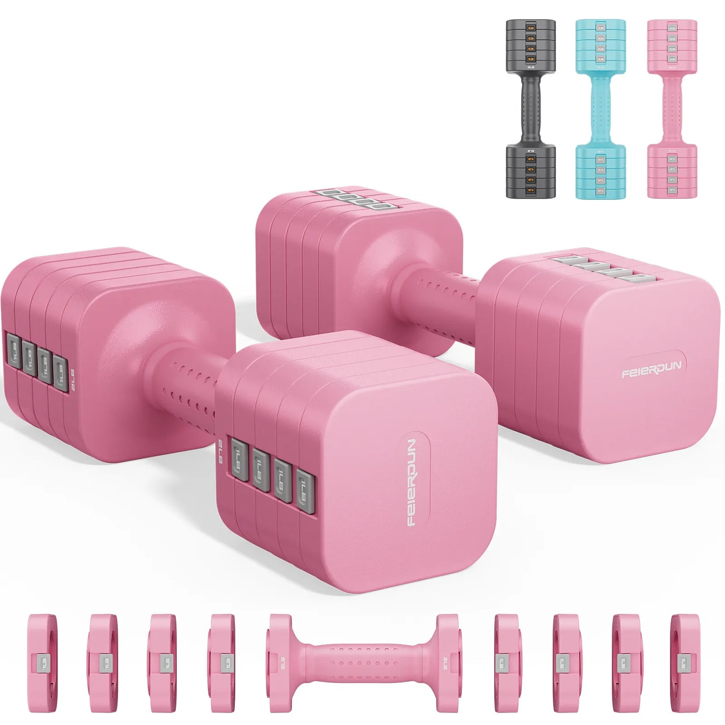 Pink dumbbells with additional pink weight plates on a white background