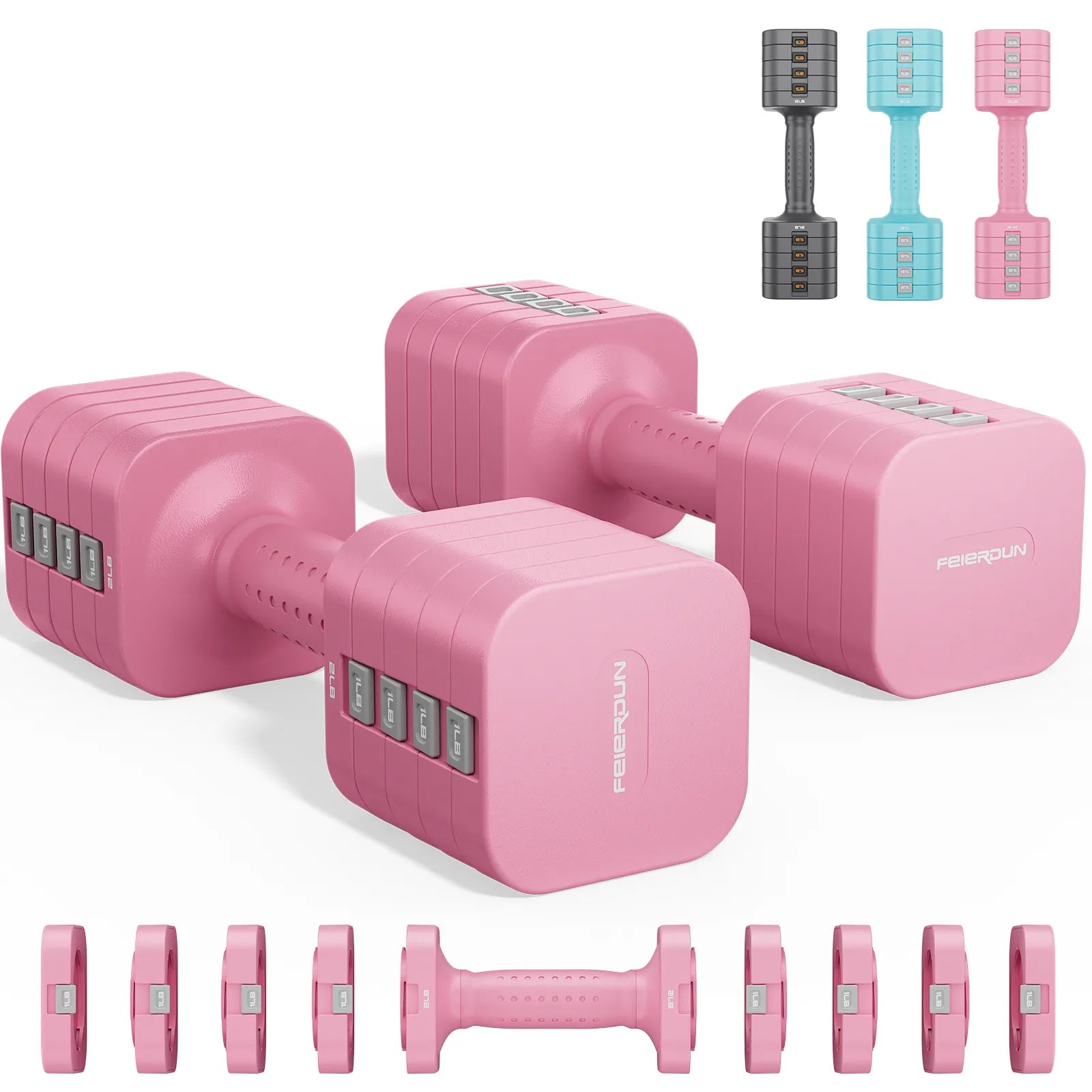 Pink dumbbells with additional pink weight plates on a white background