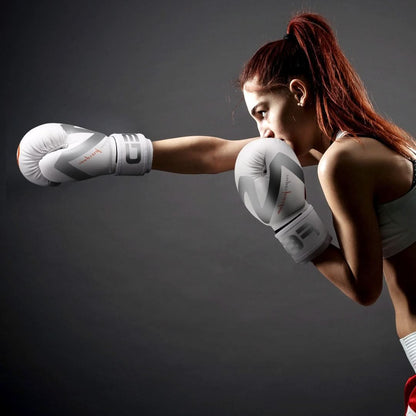 A woman using FED Fitness boxing gloves