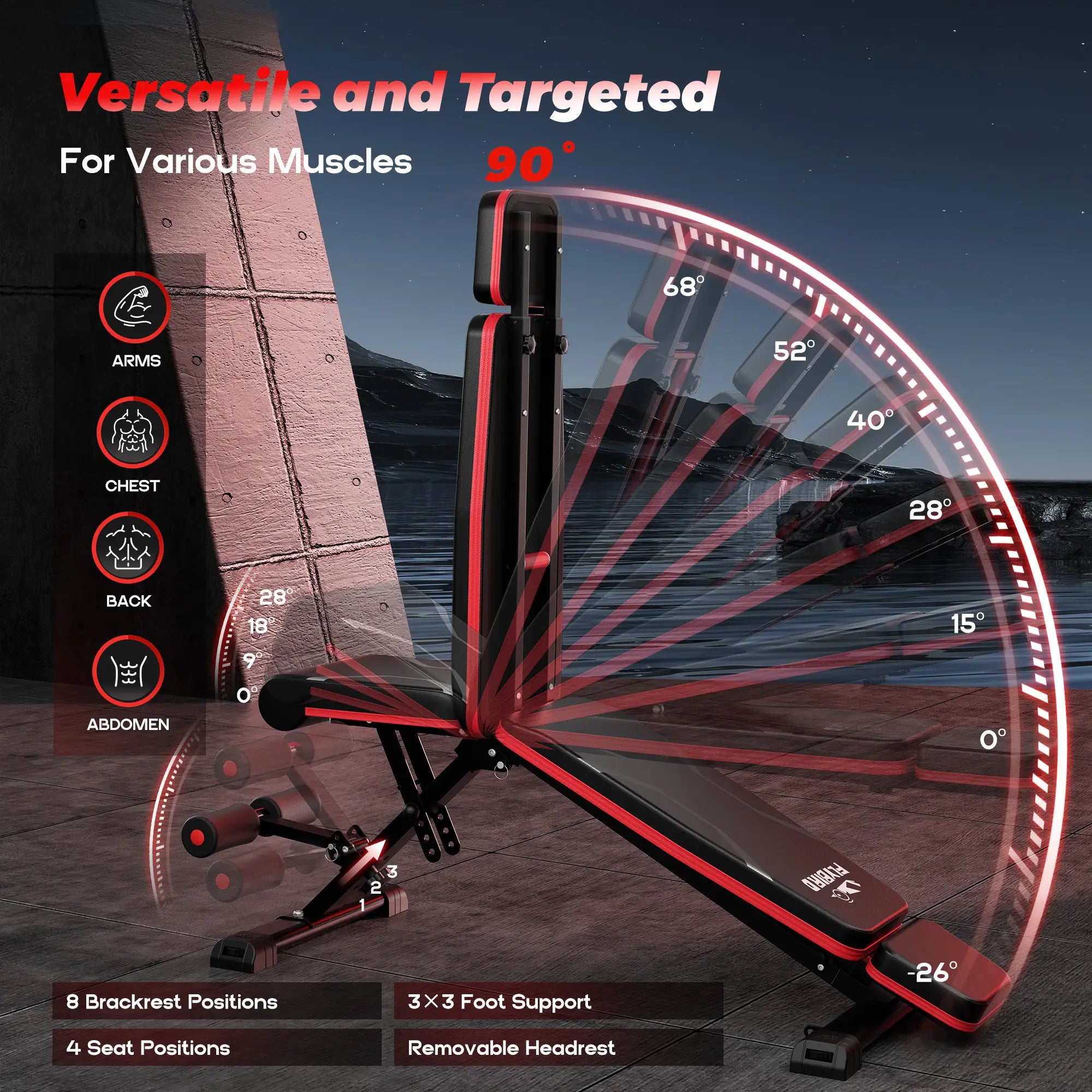 Multifunctional gym bench with adjustable angles and features on a scenic background