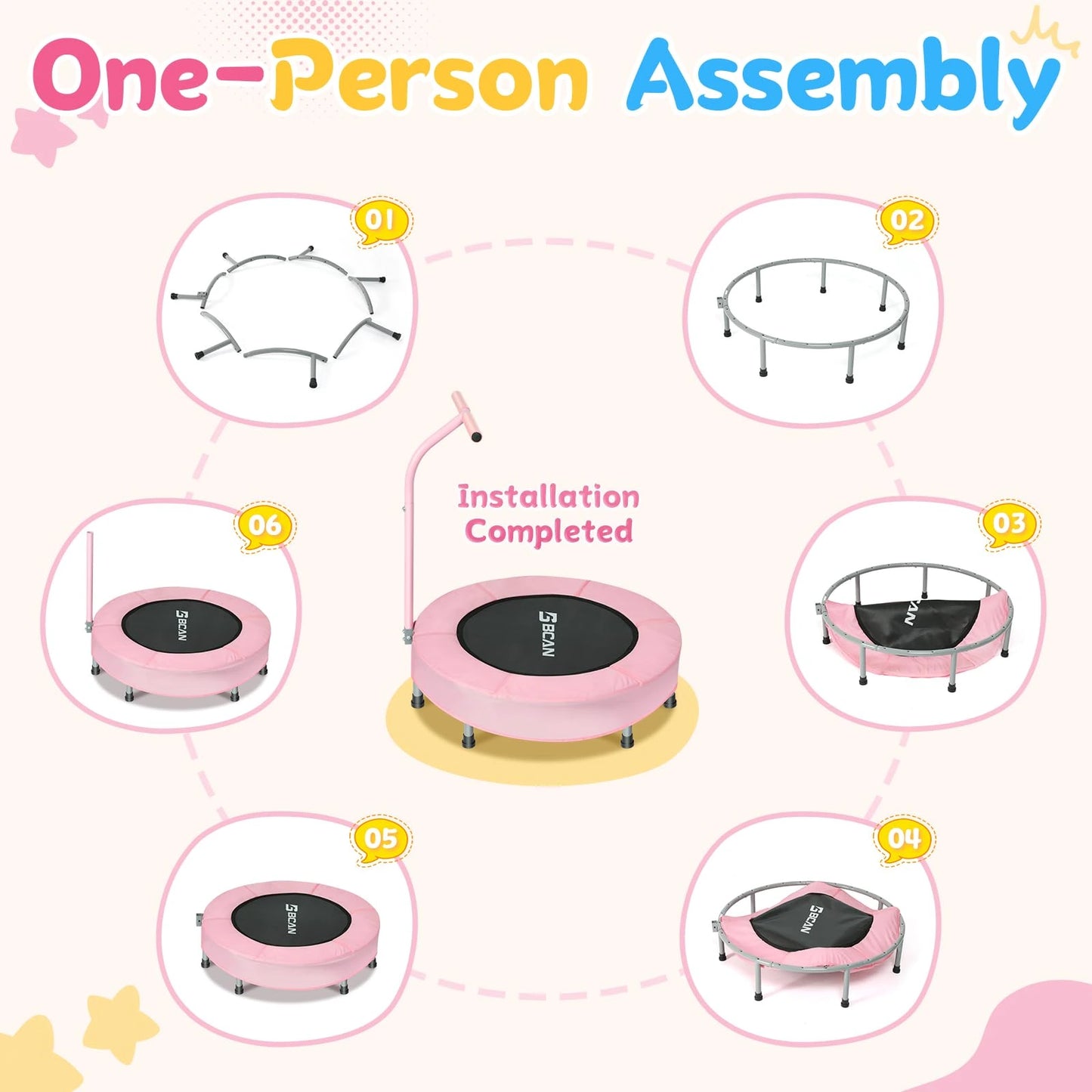 Step-by-step assembly guide for a pink trampoline with text 'One-Person Assembly'.