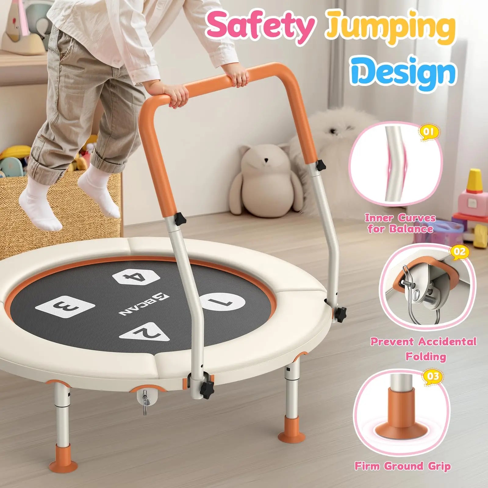 Child jumping on a small trampoline with safety features highlighted in a room setting.