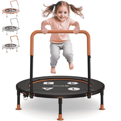 Child jumping on a small trampoline with handles on a white background