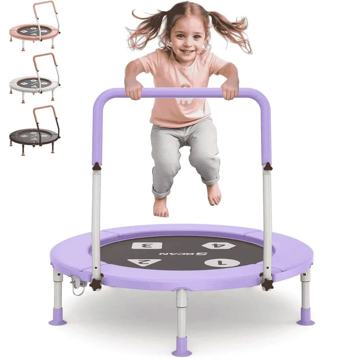 Child on a purple trampoline with safety handle, smaller trampolines shown in the background.