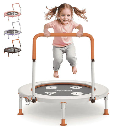 Child jumping on a small trampoline with handles, surrounded by additional trampolines.