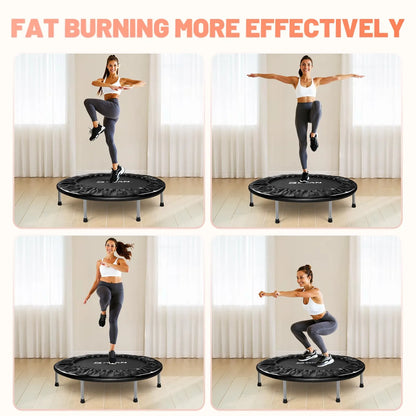 Woman exercising on a black rebounder with text 'Fat Burning More Effectively' above.